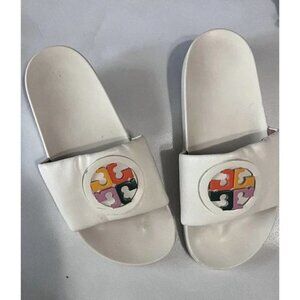 Tory Burch Womens Size 7M Lina Rainbow Logo Slide Nappa Leather Ivory/Multicolor